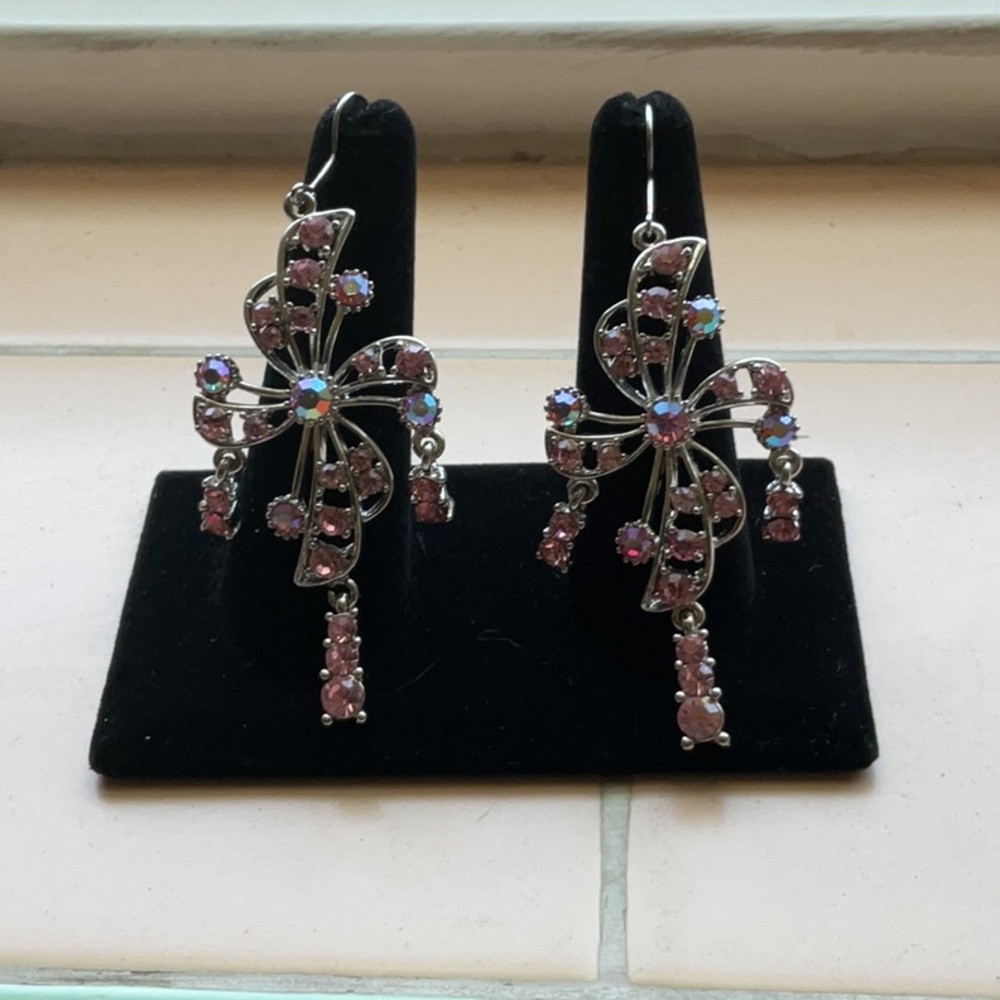 Pink and Silver Ornate Cross Dangle Earrings